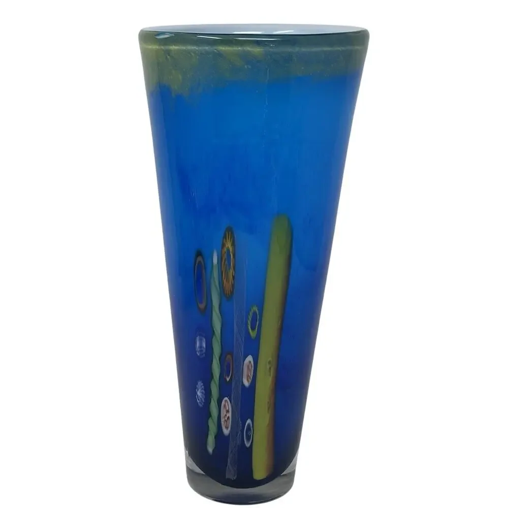Venetian Blue Murano Italy Blown Art Glass Millefiori Vase By Dino Marten 11.5”